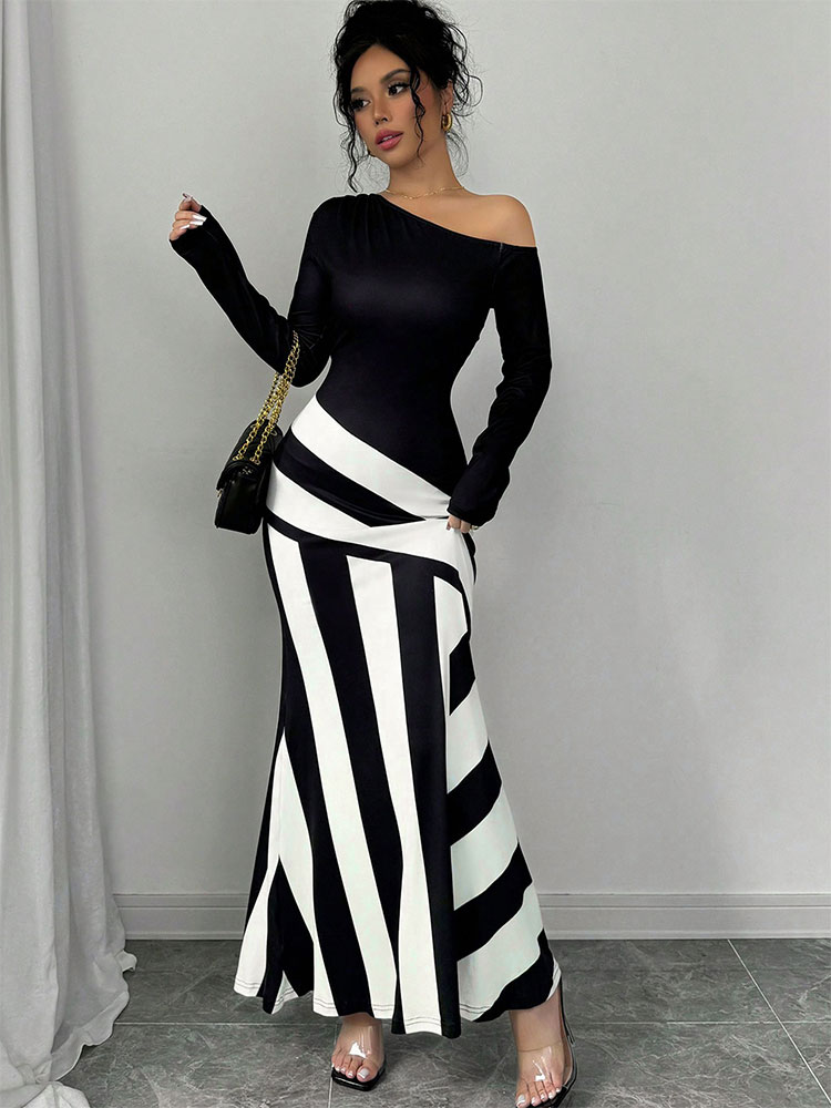 Nuevos vestidos largos para mujer, ropa de calle de otoño, de retazos en blanco y negro, vestidos ajustados informales, vestido de punto para mujer, ropa: S
