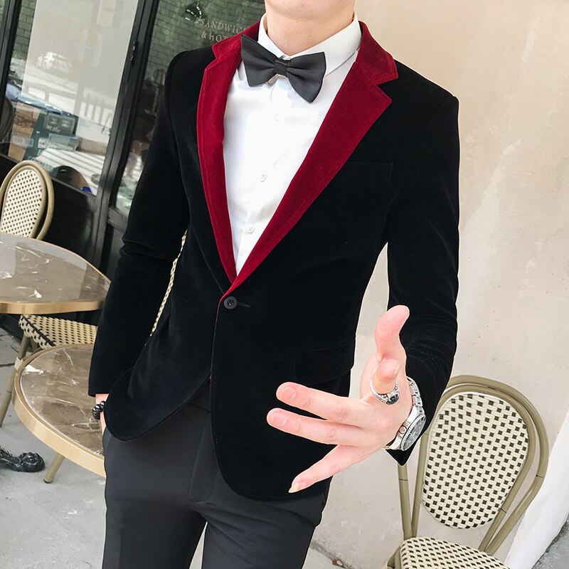 Scenjackor herr indiska kostymer röd sammet enkel kostym abrigo casual hombre kavaj herr slimmade blazers: Svart / Xl