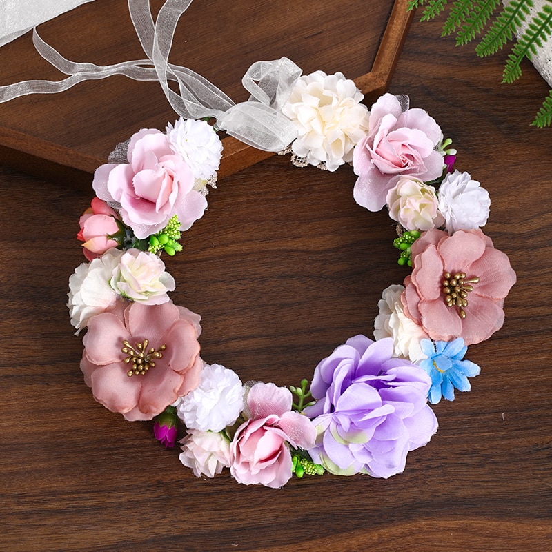 3 Artificial Flower Wreath Bride Women Flower Crown Hair Band Wedding Floral Headband Garland Ribbon Girl Hair Accessorie