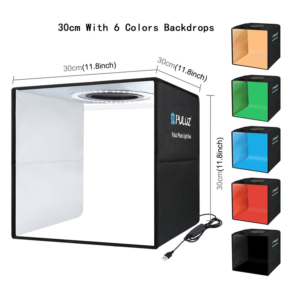 Puluz Mini Fotostudio Doos Draagbare Foto Lightbox Ring Led Fotografie Schieten Tent Box Kit Met 6 Achtergronden Studio Softbox: 30cm Black Version