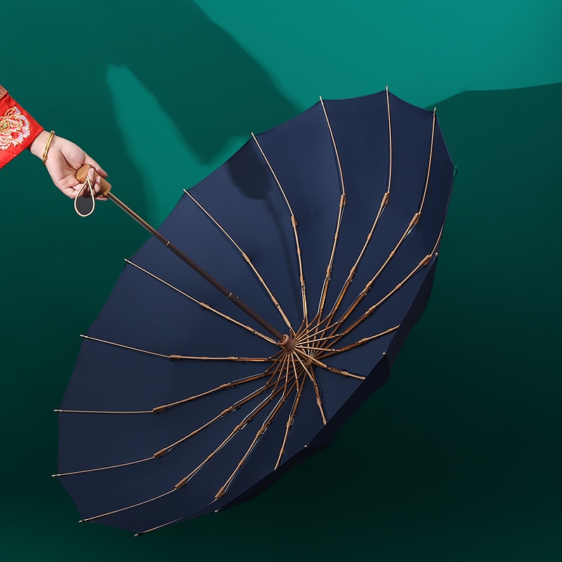 16 K Super Winddicht Vrouwen Regen Paraplu Retro Houten Handvat Effen Kleur Grote Omvang Business Winddicht Sterke Paraplu