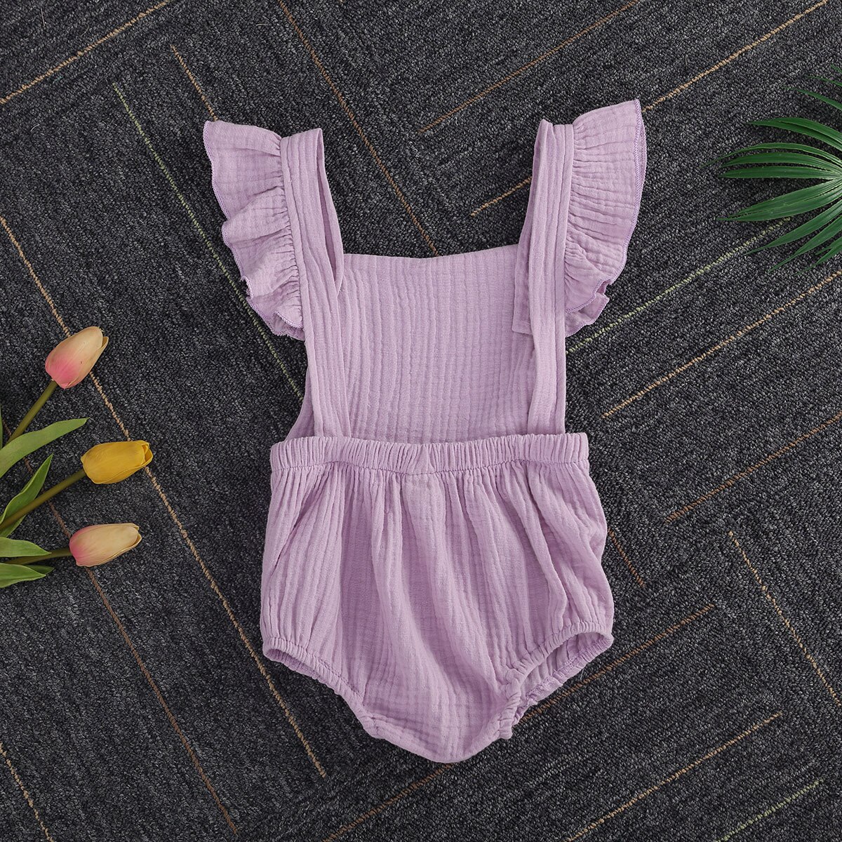 Baby meisjes romper van katoen linnen effen ruches mouw rechthoekige hals zijkant grote zakken outfit geplooide knoopsluiting jumpsuit