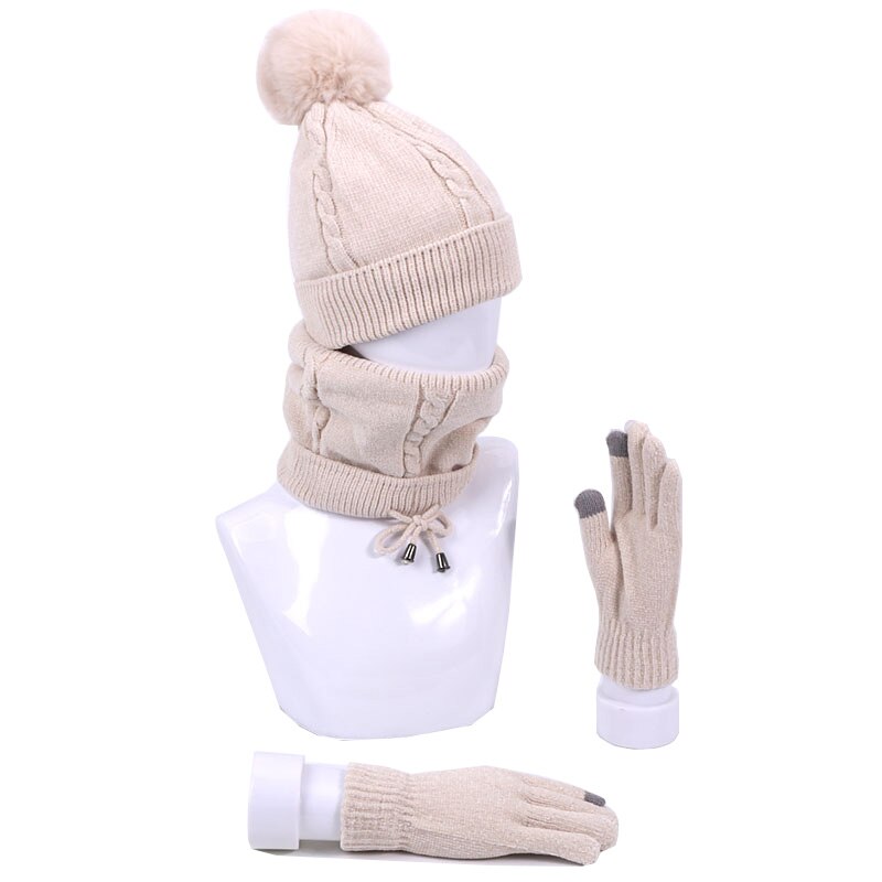 Winter dames muts met pompon, sjaal en handschoenen, warme zachte gebreide outdoor gehaakte skimuts met dikke voering, chenille zachte mutsset: A