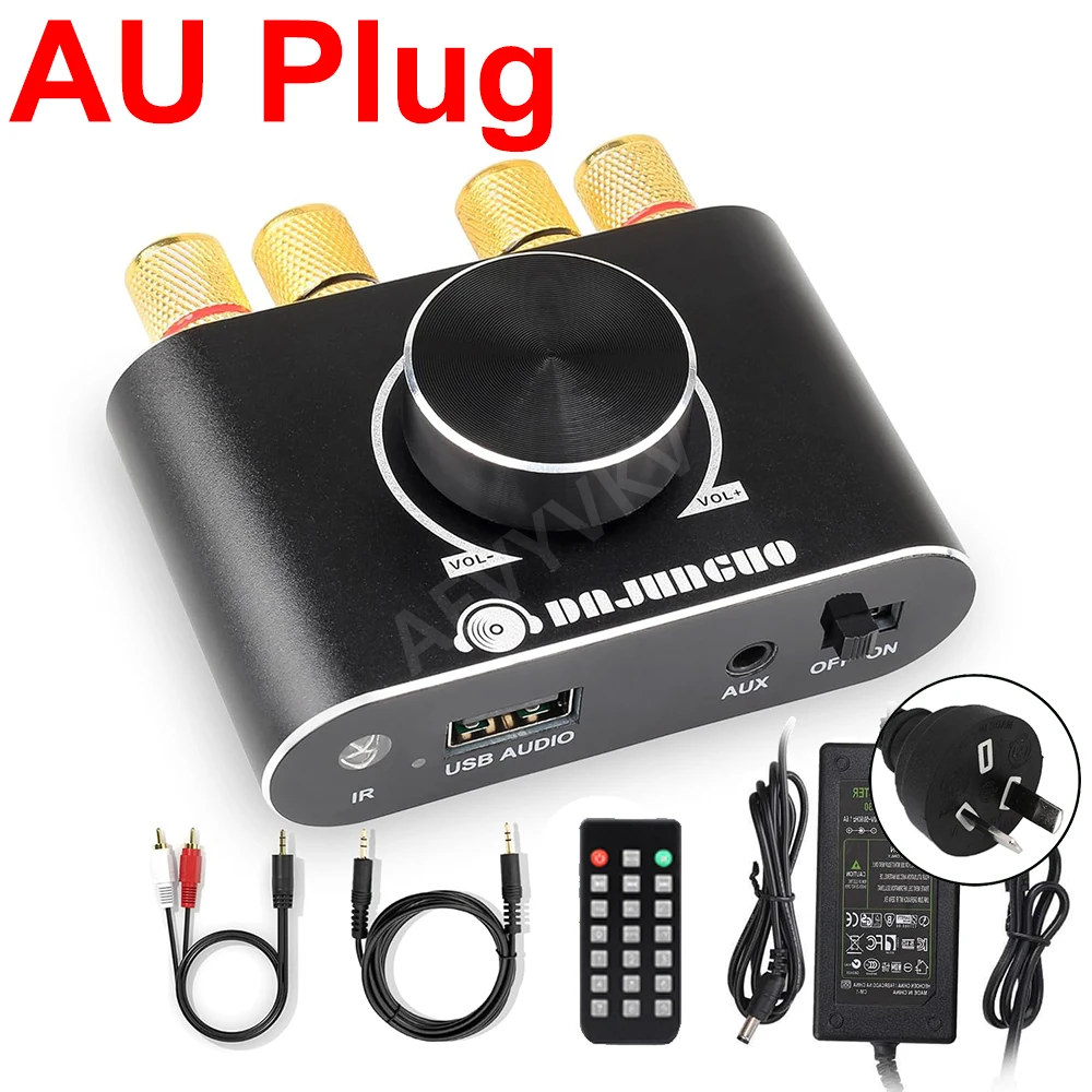 Mini wzmacniacz audio Stereo HIFI Cyfrowy kanał wzmacniacza 2.0 z wejściem AUX/USB/Bluetooth Bezprzewodowy odbiornik audio z pilotem: Złota