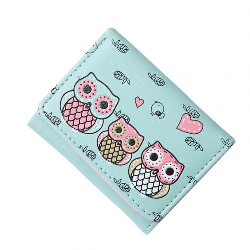 Porte-monnaie en Faux cuir pour femmes et filles, Mini portefeuille à trois volets, motif de hibou de dessin animé: vert clair