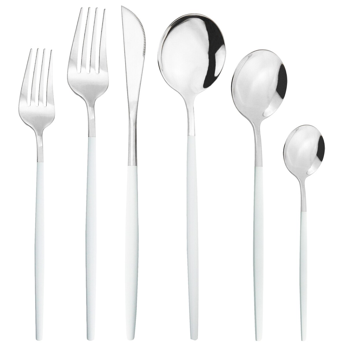 6 stuks witgouden bestekset, messen, dessertvorken, lepels, serviesset, roestvrijstalen serviesset, keukenzilverset: Wit zilver