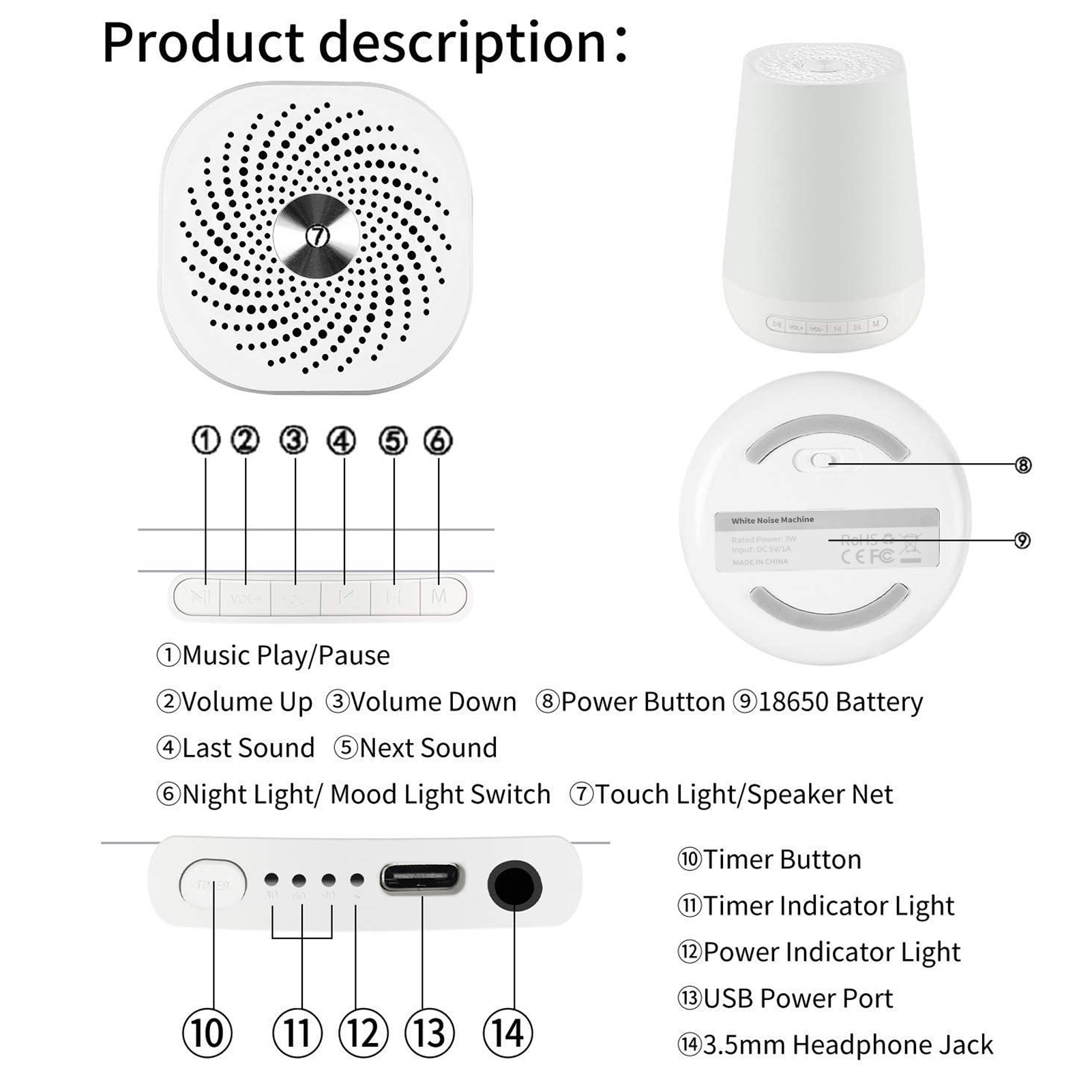 MBZ085 White Noise Machine Baby Sleep Sound Machine Colorful Night Lights 28 Soothing Sounds with 3.5mm Headphone Jack