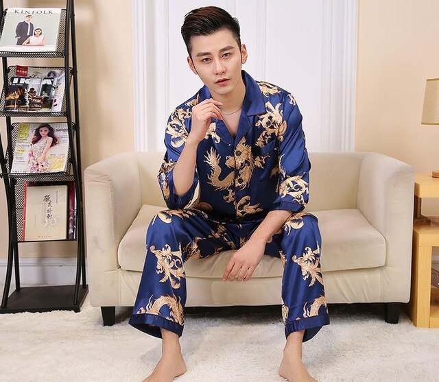 Men 2PCS Long Sleeve Shirt&amp;Pant Pajamas Rayon Casual Sleepwear Chinese Style Print Dragon Pyjamas Set Bathrobe L XL XXL: Navy Blue / L