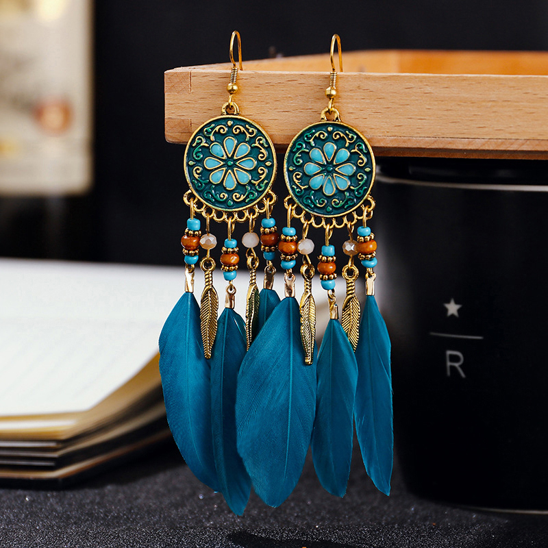 Pendientes bohemios largos de plumas colgantes para Mujer, Pendientes largos de playa con borlas, Pendientes esmaltados de flores hechos a mano, Pendientes de boda para novia para Mujer