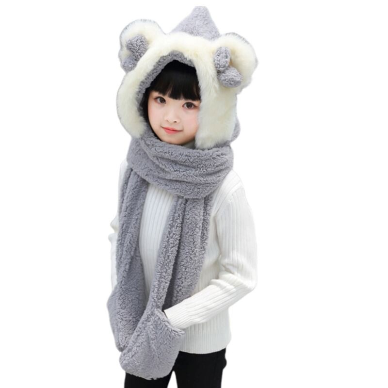 Toddler 3 In 1 Warm Plush Winter Hat Cute Bowknot Bear Ears Kids Scarf Mitten Gloves with Pockets Earflap Hoodie Cap: Gray