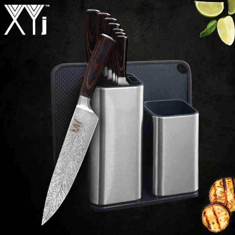 Xyj 6 '' 8 '' kjøkkenknivholder stativ rustfritt stål 7 cr 17 damaskus årer blad farge trehåndtak kniv kjøkkentilbehør