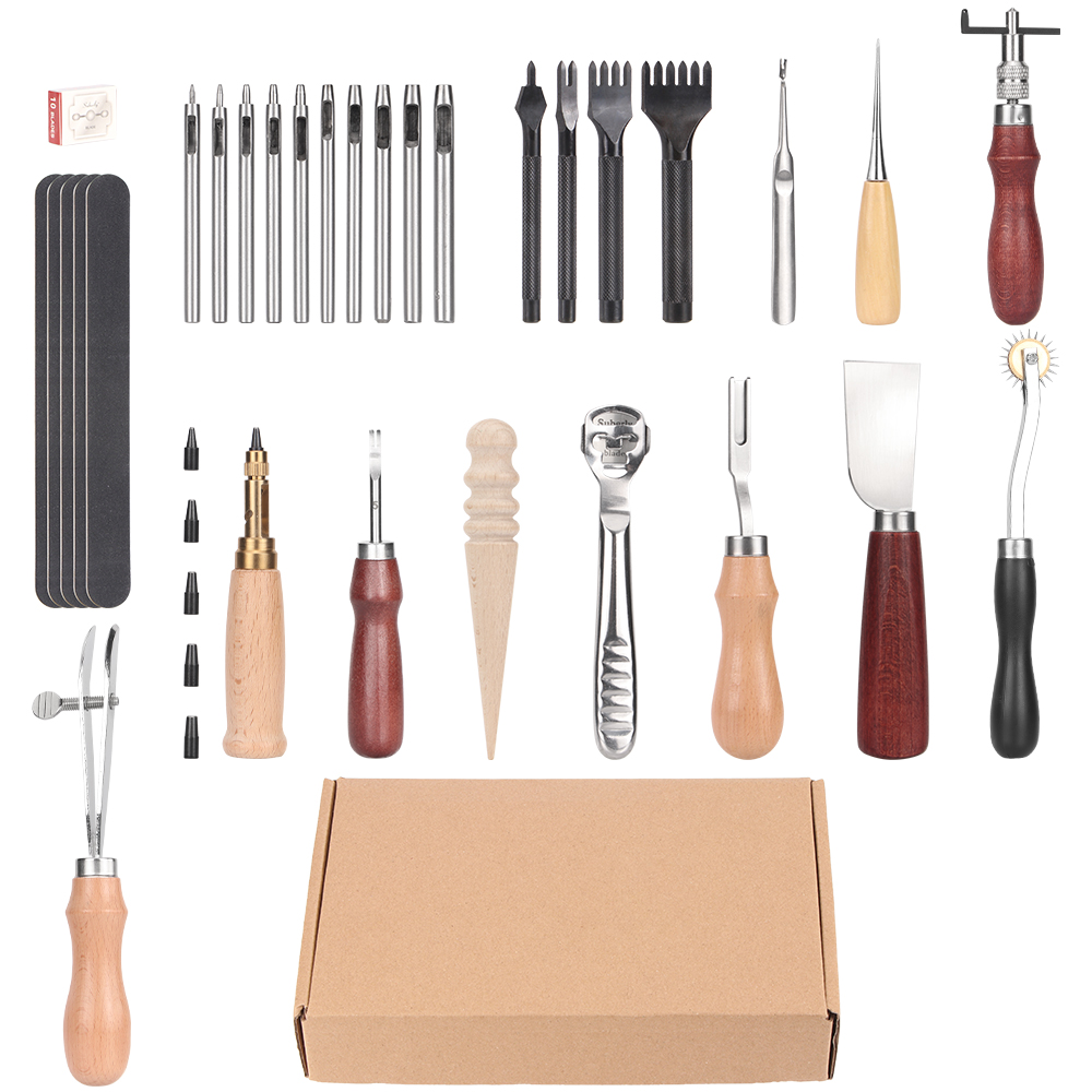 31 Pcs DIY Leather Craft Tool Set Beginner Leather Work Kit Sewing Carving Stiching Punch Trenching Cutting Knife
