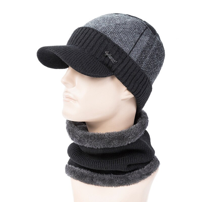 Vinter hatte beanies til mænd varm mand plus fløjl strikkede hatte tørklæder cap krave sæt balaclava maske motorhjelm gorras: Sort grå