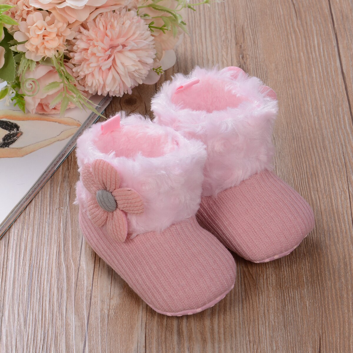 Babymeisjes sneeuwlaarzen winter warm mooie zachte imitatiebont gebreide bloemenlaarsjes antislip baby prewalkers 0-18m