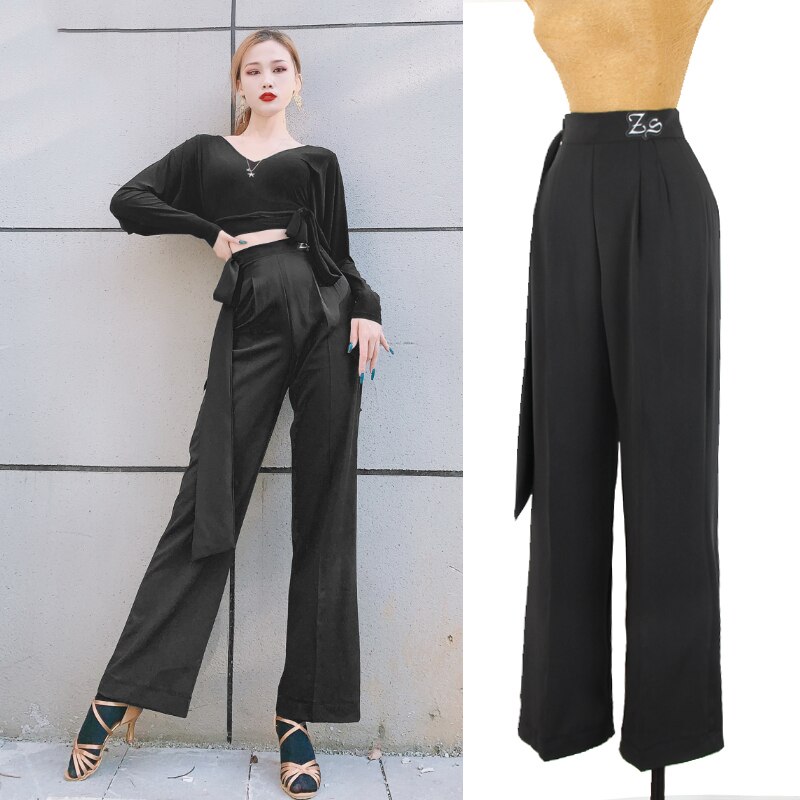 Pantaloni da ballo latino da donna nastri pantaloni a gamba larga pantaloni neri Cha Cha rubinetto abbigliamento da ballo pratica abbigliamento da competizione DNV14134