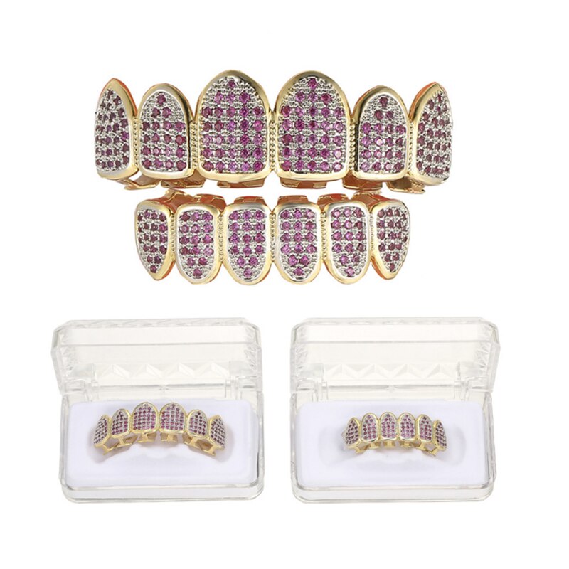 oDomi Grillz Set - Rose Gold Color Hip Hop Fang Caps - Zirconia Top & Bottom - Men's Body Jewelry