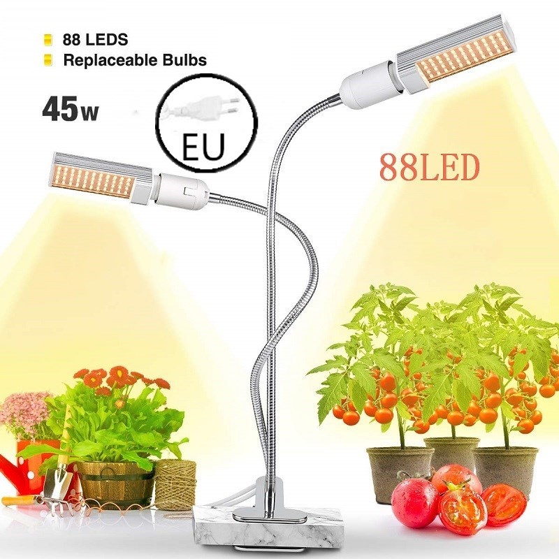 LED Plant Grow Lights Sunlike Full Spectrum 45W 50W 60W E27 Dual Head Flexible Gooseneck for Greenhouse flower Phyto lamp EU/US: 45W with EU Plug