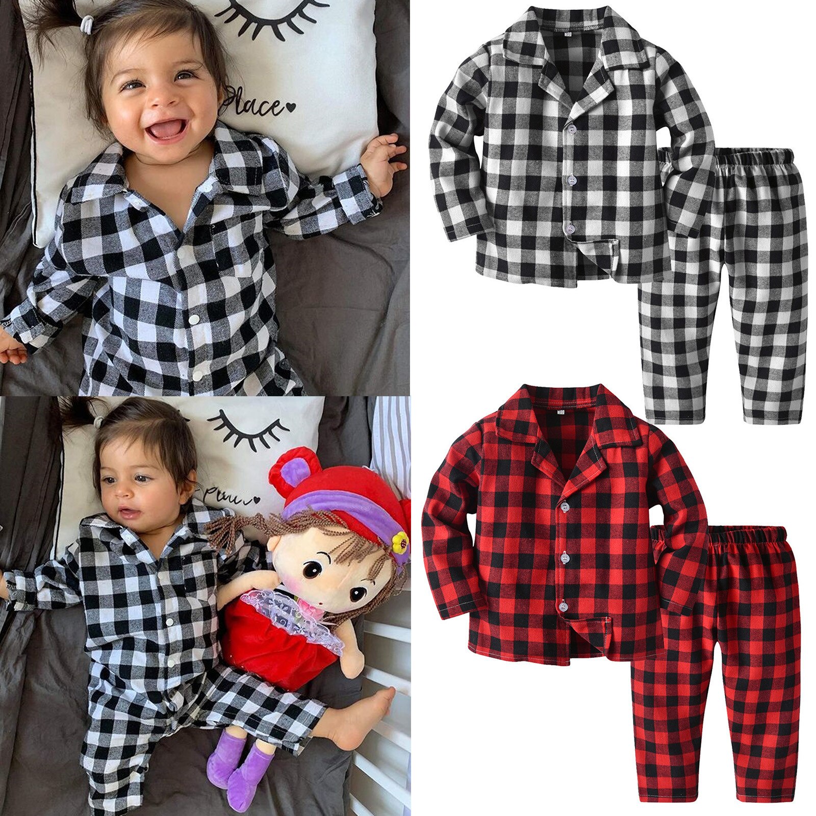 #50 Toddler Kids Baby Boys Girls Plaids Print Pajamas Winter Coats Pants Outfits Set Kids Costume Baby Suit Детские Костюмы