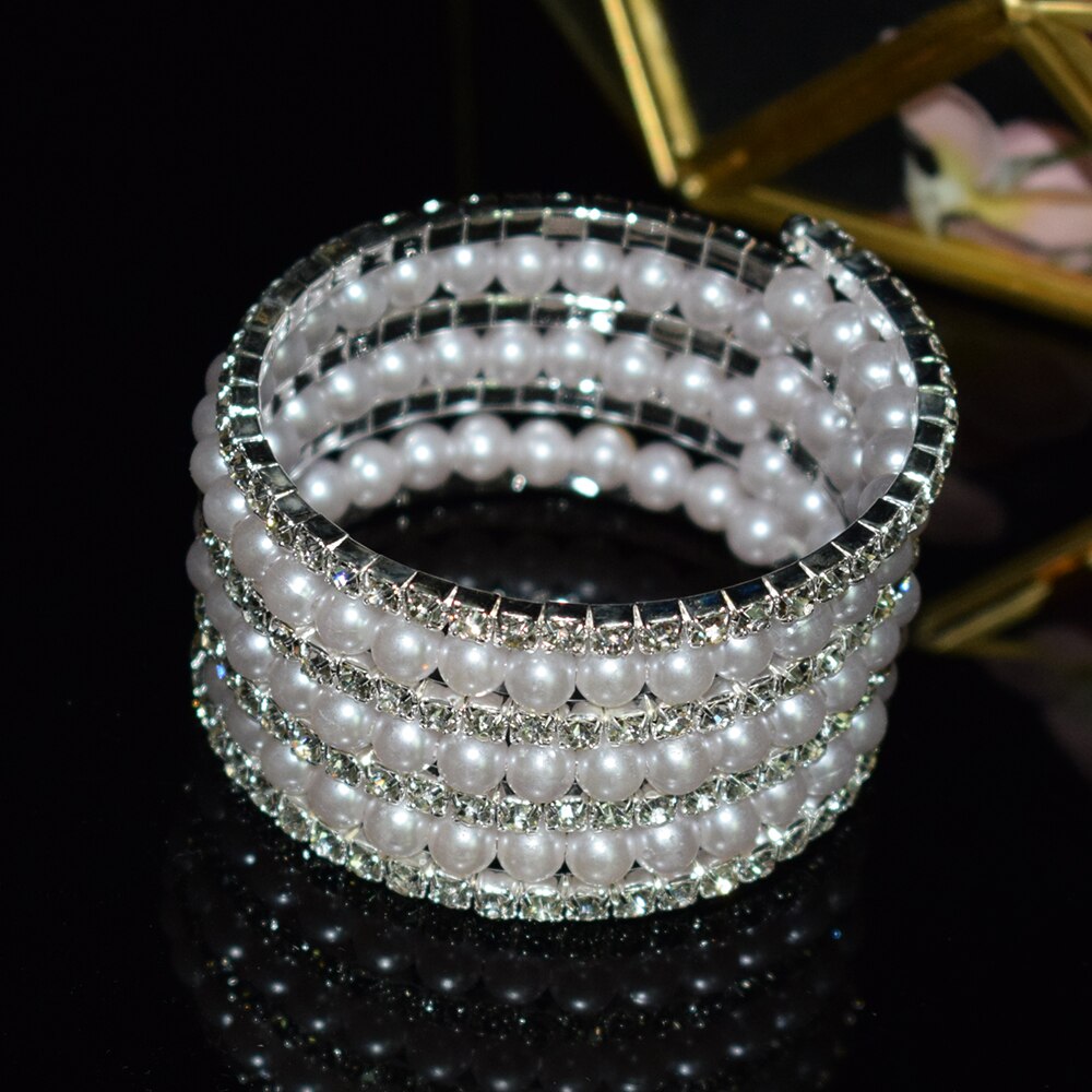 Elegante braccialetto di perle di cristallo multistrato estensibile braccialetto di perle per le donne polsini braccialetti strass gioielli da sposa Accessori: SL-1031-silver