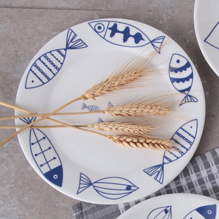 Dinner Plates Fish Pattern Ceramic Plates 8*inch Dinnerware Porcelain Flat Plates Pastry Cake Tray Party Plate Dishes Fruit Dish: 4