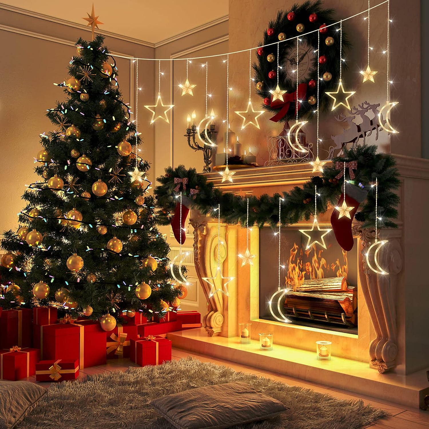 3,5 M Sterne Mond Vorhang Lichterketten Batteriebetriebene Weihnachten Girlande Lampe Hängen Ramadan Lichterkette für Zimmer Neujahr Dekor