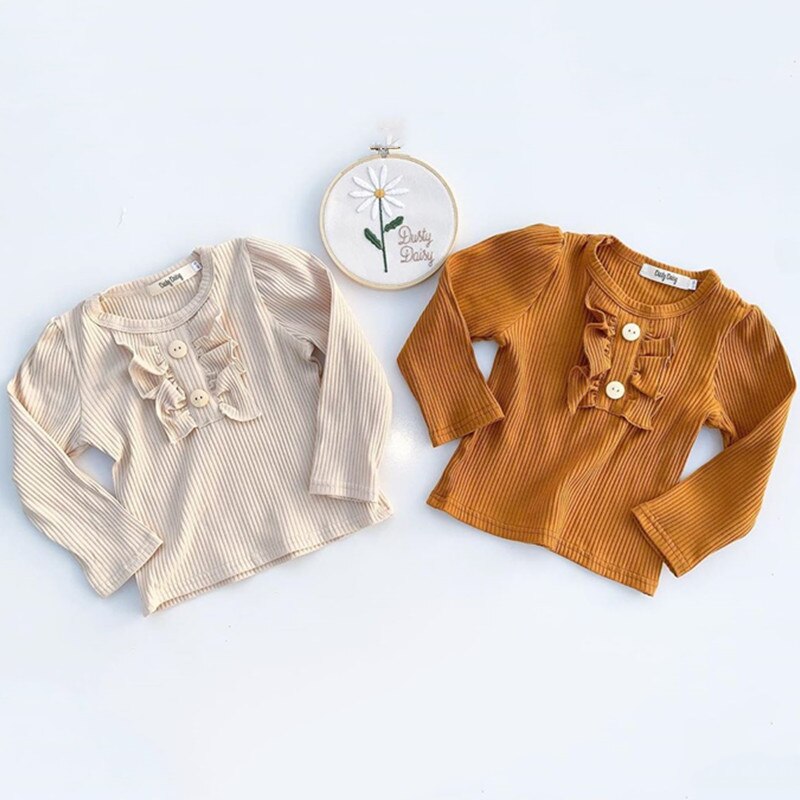 Herfst Warm Peuter Kids Meisjes Baby Tops Lange Mouw Effen Kleur Ruche Decoratie Knop Klassieke Ronde Hals Lente Kleding