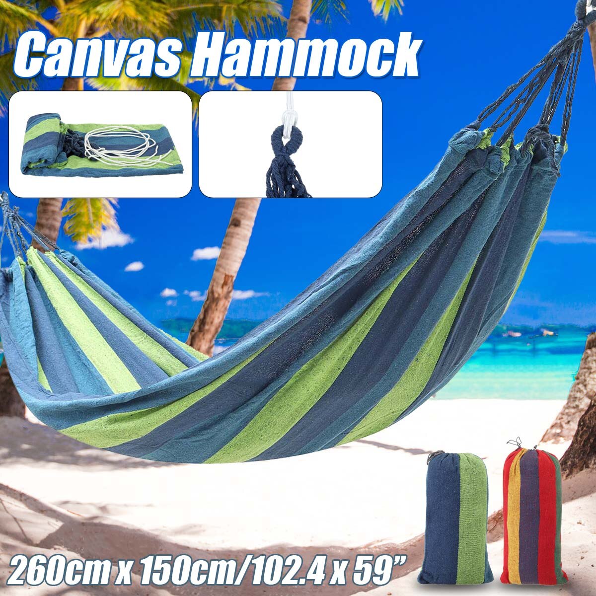 Portable Hammock Outdoor Hammock Beach Travel Camping Garden Sports Home Swing Canvas Stripe Hang Bed Hammock Double People