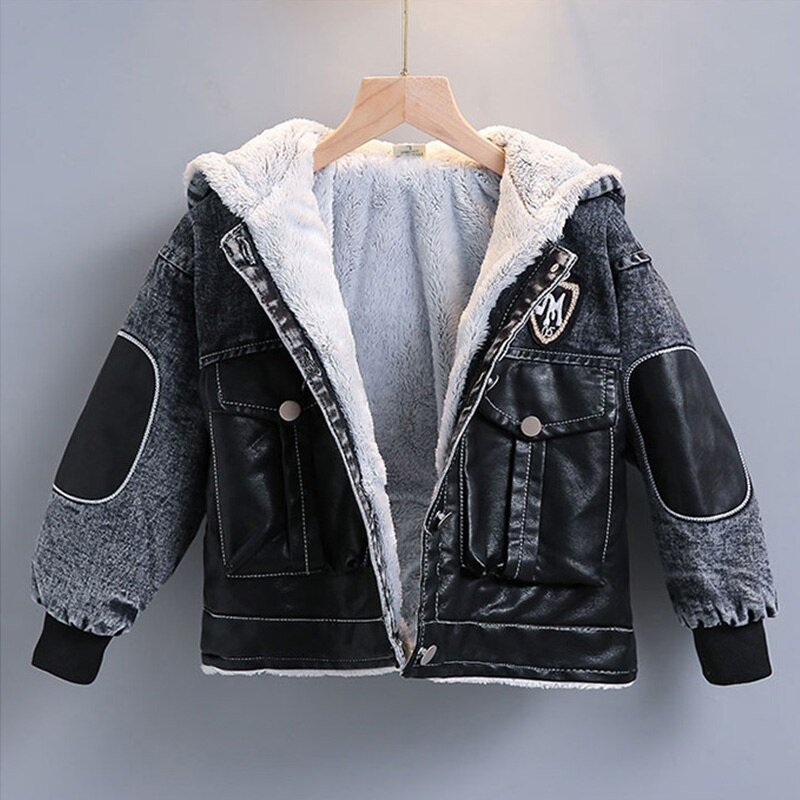 2-8 Years Old Thick Warm Boys Denim Jackets PU Leather Patchwork Kids Outwear Coat Autumn Winter Children Jean Coats