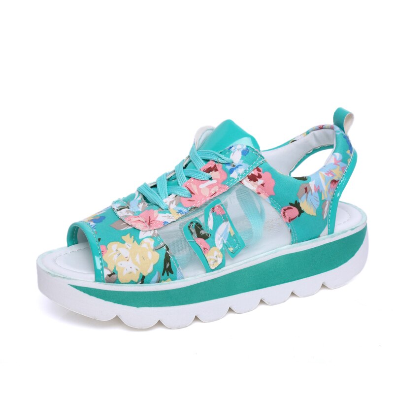 Kvinder platform sandaler sommer åben tå kile tyk bund fritidssko kvinde snørebånd åndbare mesh sandaler stor størrelse 35-42