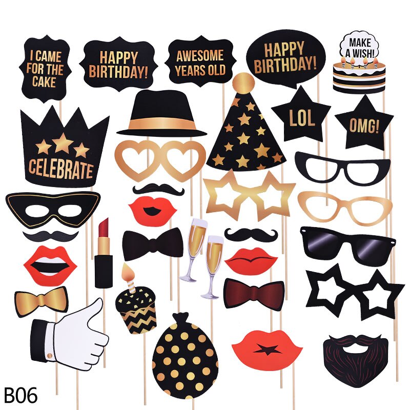 34pcs/set Birthday Photo Booth Props 18 21 30 40 50 Beard Glasses Lipstick Cake Props for Birthday Party Decoration: 34pcs 60th props