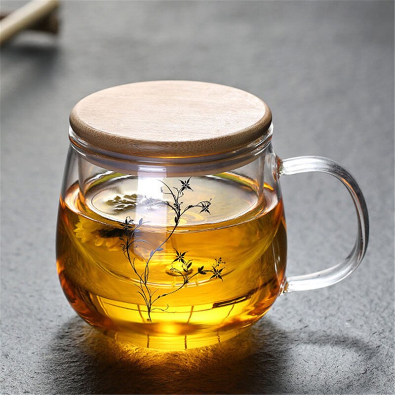 Transparent Glass Tea Cups Household Flower Teacups with Lid and Filter Heat Resistant Water Mug Office Drinkware
