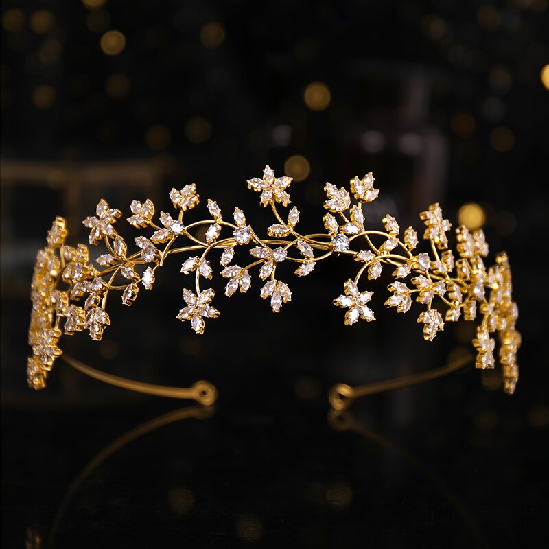 Gold Zircon Flower Crystal Tiara - Baroque Vintage Rhinestone Queen Princess Royal Crown - Bridal Diadem