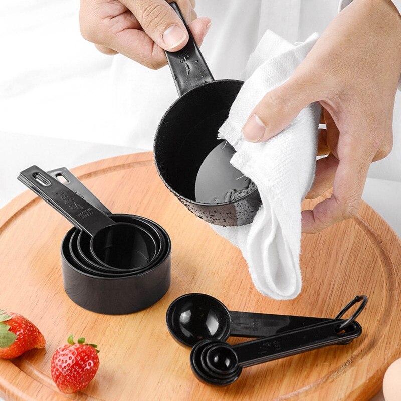 5pcs Plastic Kitchen Measuring Cups and Measuring Spoons Set Black PP Measure Cup Spoon Kit Home Baking Measurement Tool