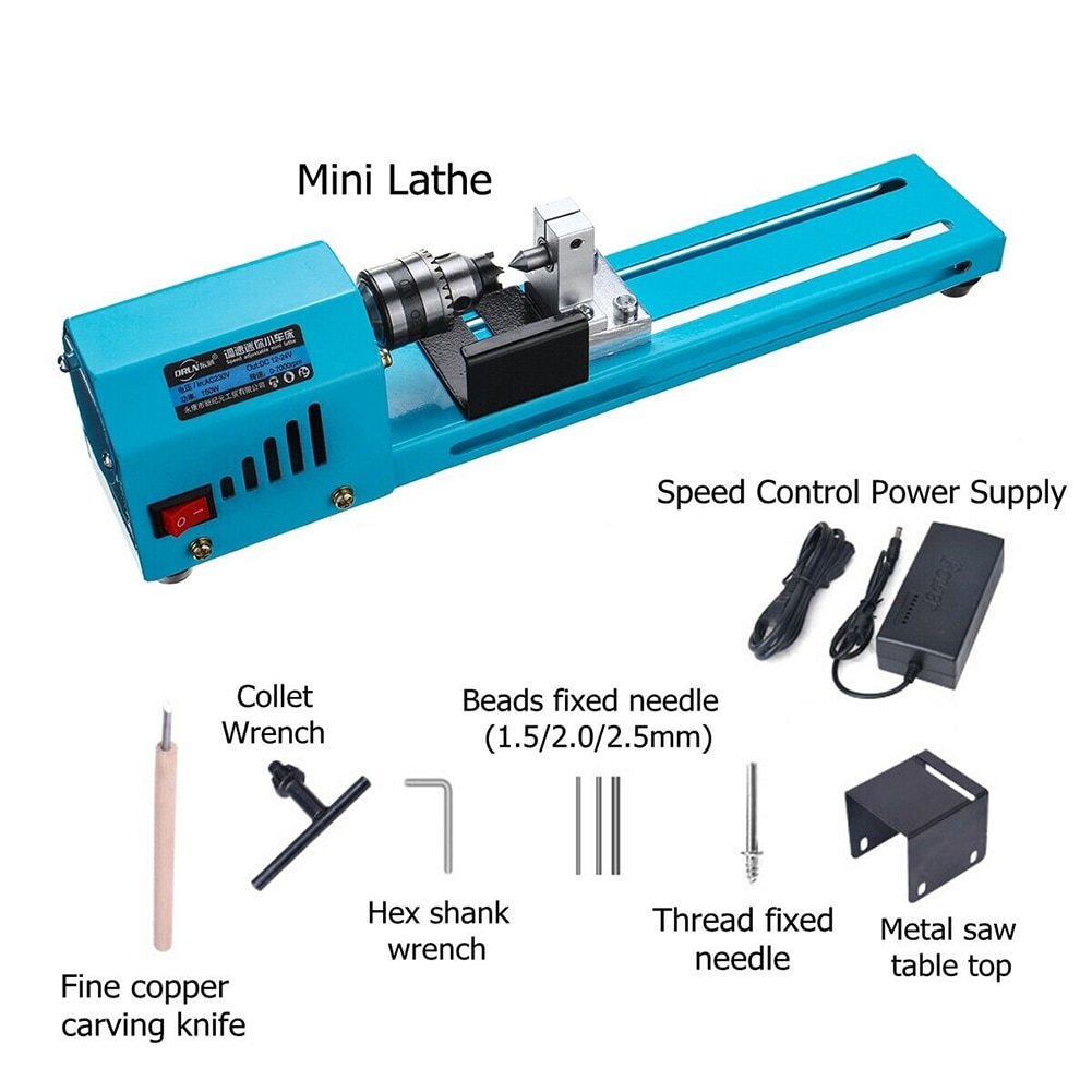 150W Mini Wood Lathe Woodworking Machine Portable Multifunction Durable Drill Polishing Bead Cutting Tool DIY Home