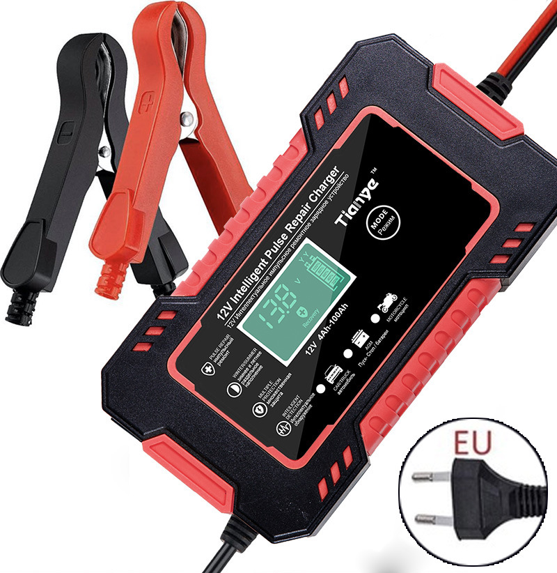 Car Motorcycle Battery Charger 12 V Battery Starting for Auto Moto Lead Acid AGM Gel VRLA Smart Charging Digital LCD Display: Red EU Plug