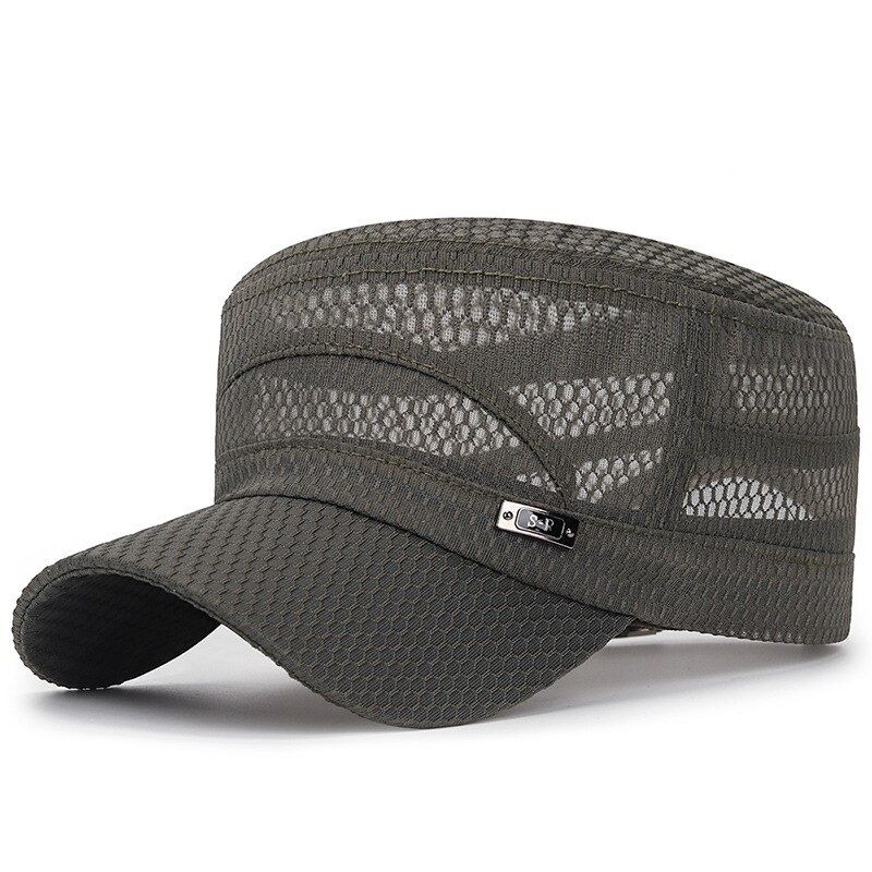 Unisex zomer platte pet dames heren ademend mesh hoed effen kleur buiten vissen sport zonnehoed casual zonnebrandcrème petten hoofdbedekking: Legergroen