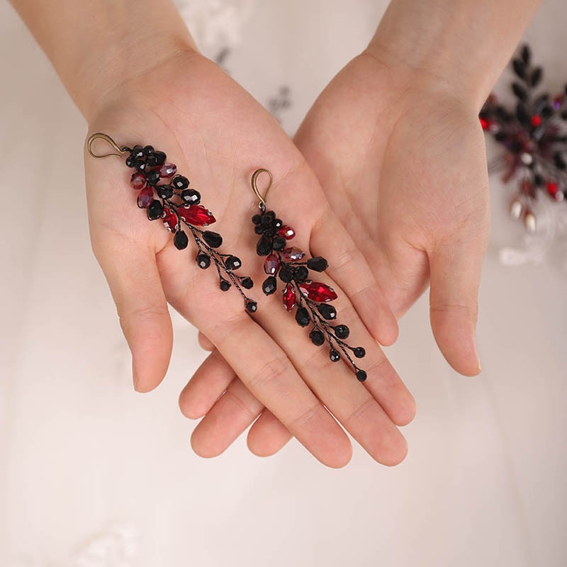 Bohe-conjunto de accesorios para el cabello para mujer, conjunto de pasador y pendientes negros, tocados de cristal, joyería para la cabeza nupcial, conjunto de peinado de boda
