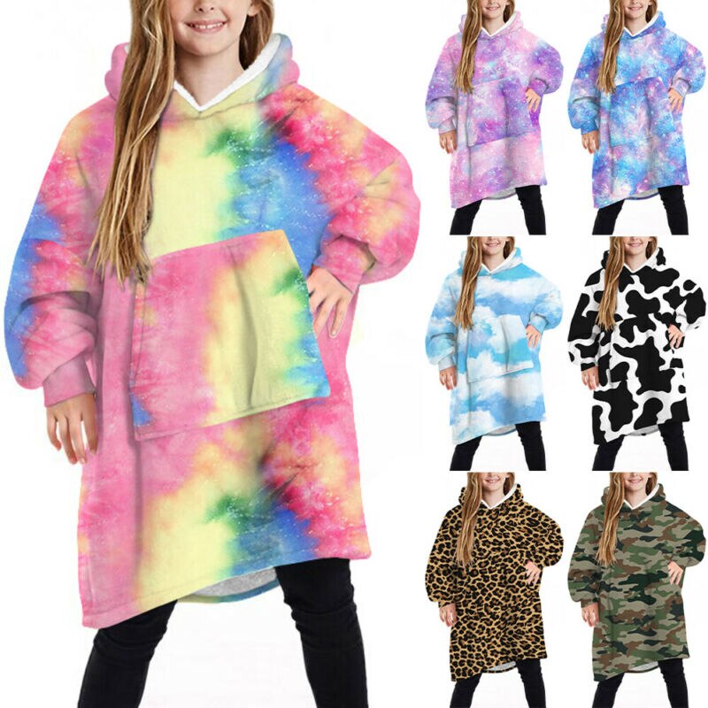 New Kids Unisex stampato indossabile coperta felpa con cappuccio Chikdren Boy Girl Fleece felpa con cappuccio oversize inverno caldo canguro 7-13Y