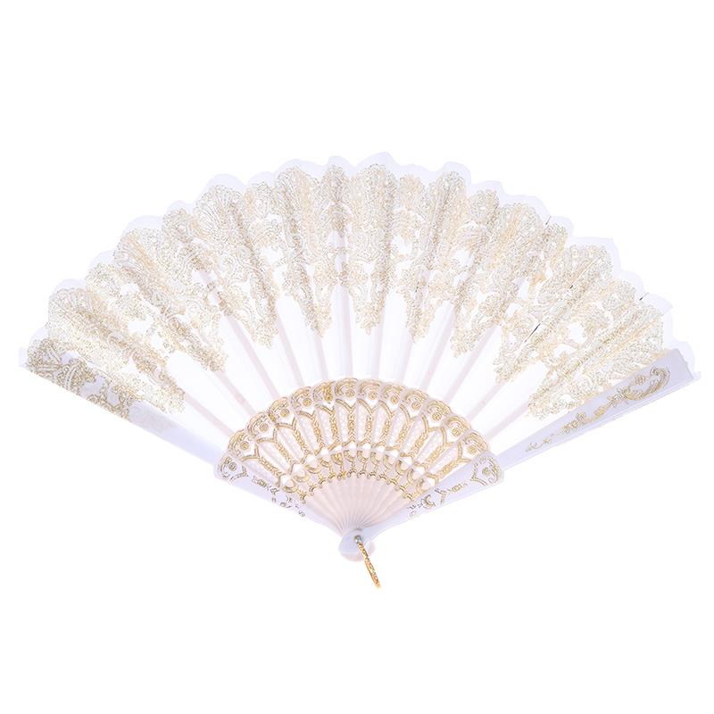 Spaanse Stijl Dance Party Fan Bruiloft Zijde Kant Fan Vouwen Held Bloem Fan: white