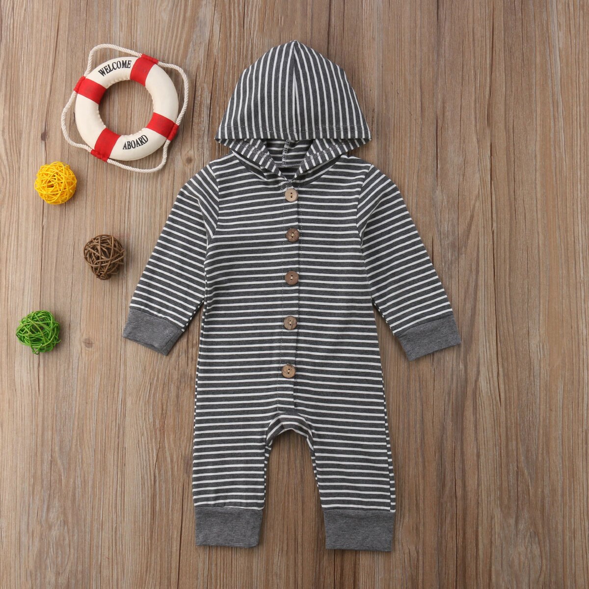 Lange mouw Streep Knoppen Up Hooded Jumpsuit Rompertjes Voor Baby Boy