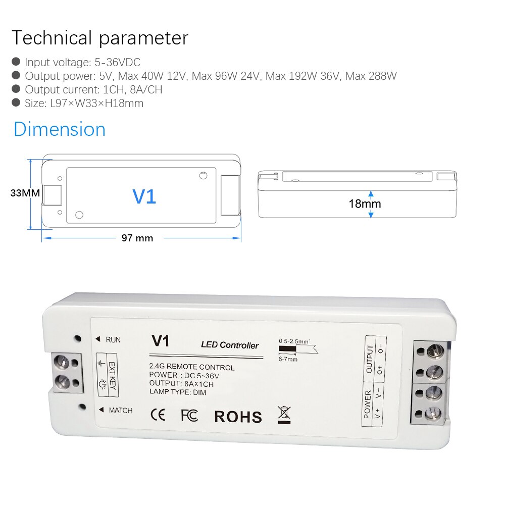 Lisxchda-regulador de intensidad LED, 12V, 5V, 24V, 36V, 8a, PWM, inalámbrico, regulador de intensidad con encendido apagado, con mando a distancia de 2,4G para cinta de LED de único Color