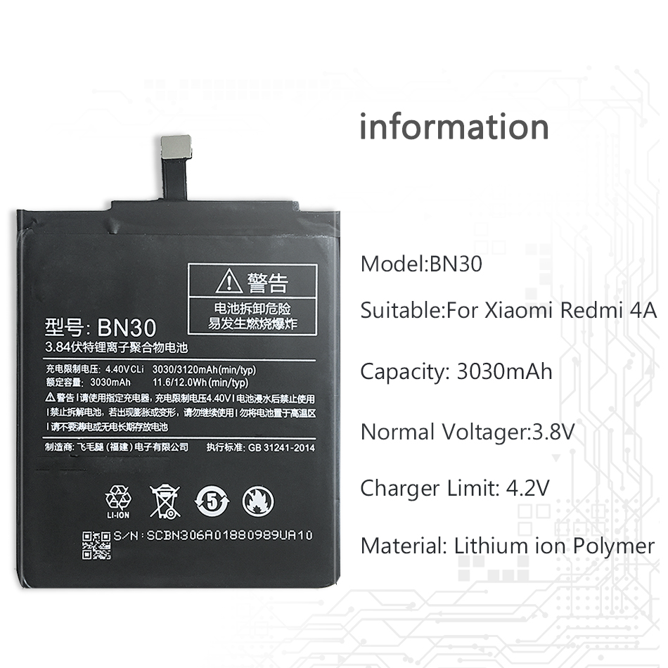 BN30 3030Mah Batterij Voor Xiaomi Redmi 4A Oplaadbare Polymeer Li-Ion Batterij