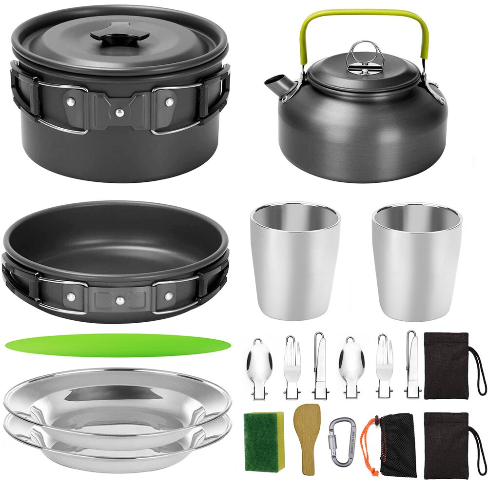1 Set Outdoor Pots Pans Camping Barbecue Cookware Picnic Portable Lightweight Gear for Traveling Trekking Green set 20PCS: Black