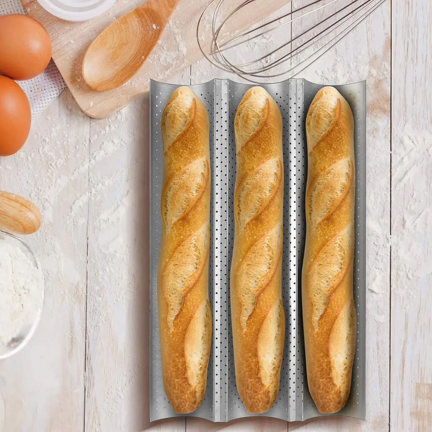 Sartén para hornear ondulada con 3 ranuras, molde para Baguette recubierto antiadherente, fácil de limpiar, bandeja para hornear Baguette resistente a altas temperaturas: Default Title
