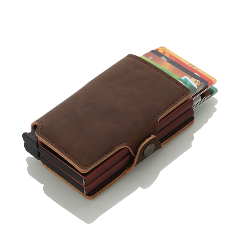 Casekey tyverisikring mænd tegnebog dobbelt aluminium læder kreditkort holder rfid metal tegnebog automatisk pop op pung id kortholder: Dobbelt mørkebrun