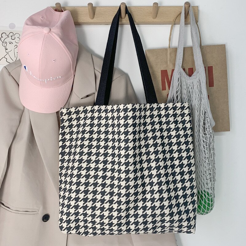 Houndstooth Patroon Vrouwen Canvas Boodschappentassen Retro Alle-Wedstrijd Dames Grote Schoudertas Eenvoudige Vrouwelijke Dagelijkse Toevallige Tote Handtas