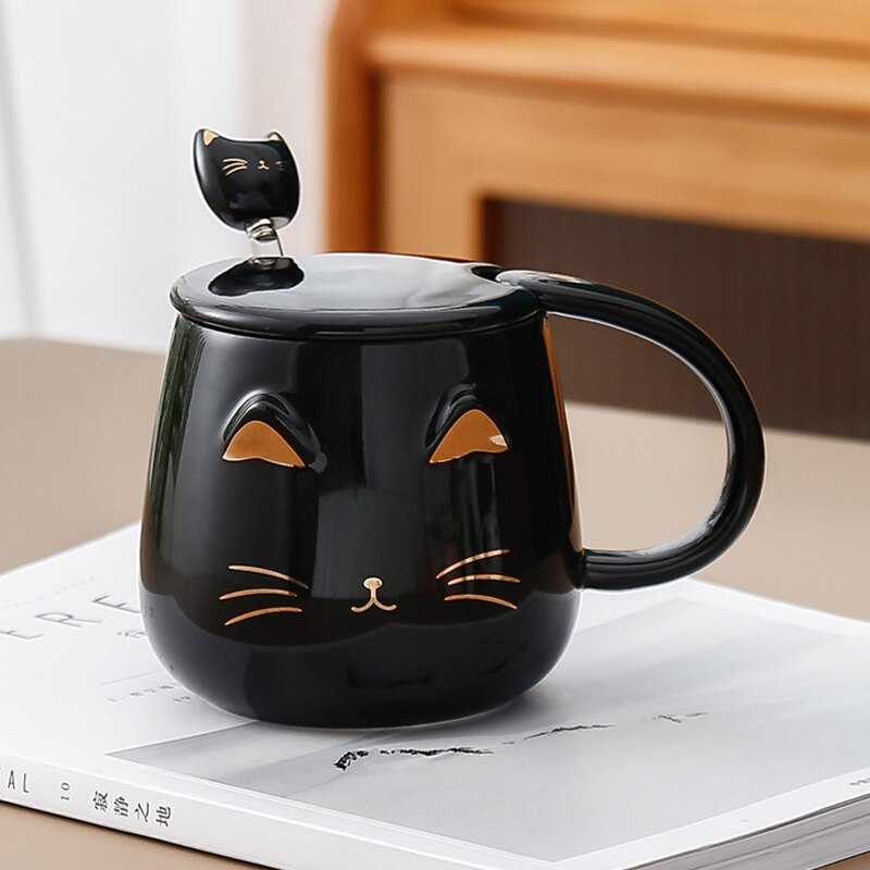 Taza con cabeza de gatito para amantes de los gatos, taza con cuchara de acero inoxidable, cálido, fácil de usar, taza para el hogar