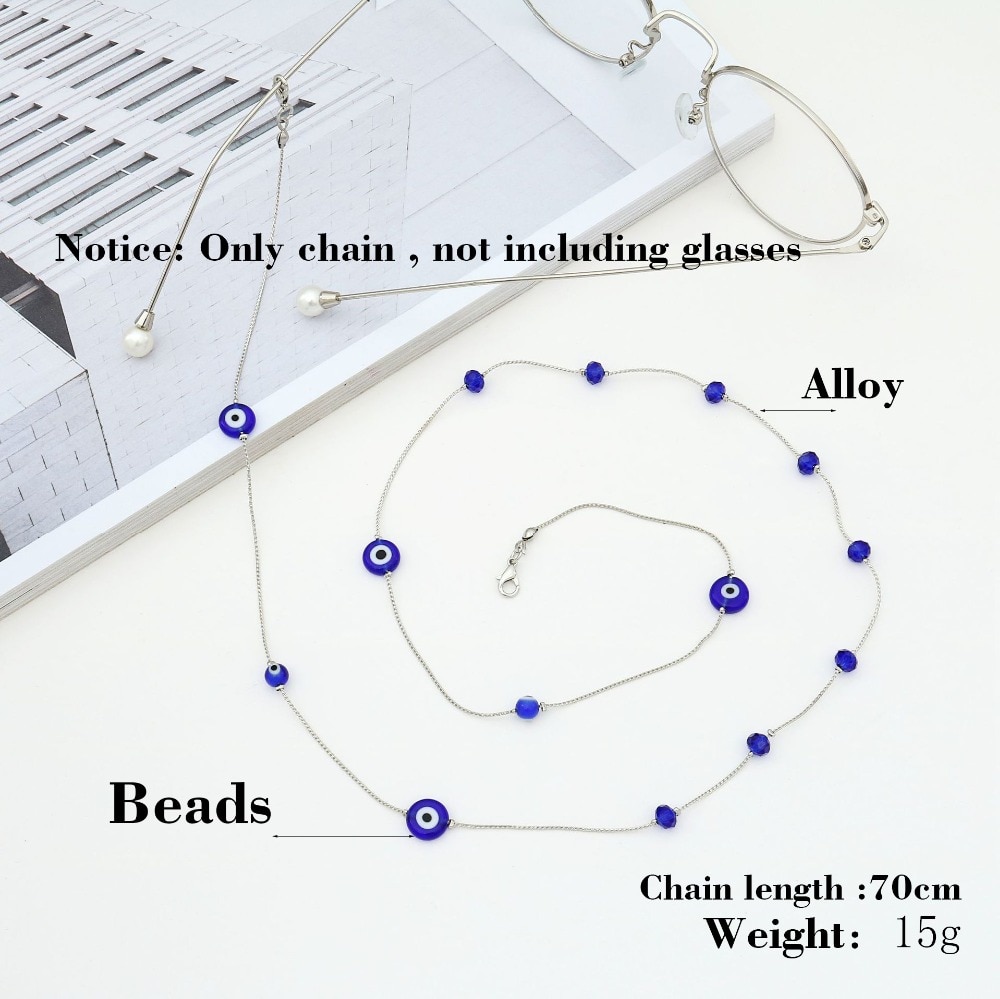Lunettes perles de cristal bleues | Cordon lanière, corde mauvais œil, lunettes cordon lunettes, support de sangle, bracelet de cou pour lunettes
