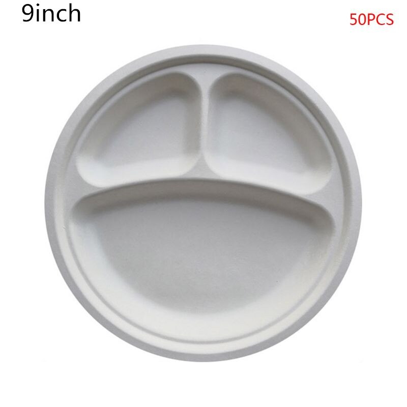 50Pcs/bag 9\"/10\" Degradable Bagasse Paper Plate 3 Compartment Disposable Plate: 9W