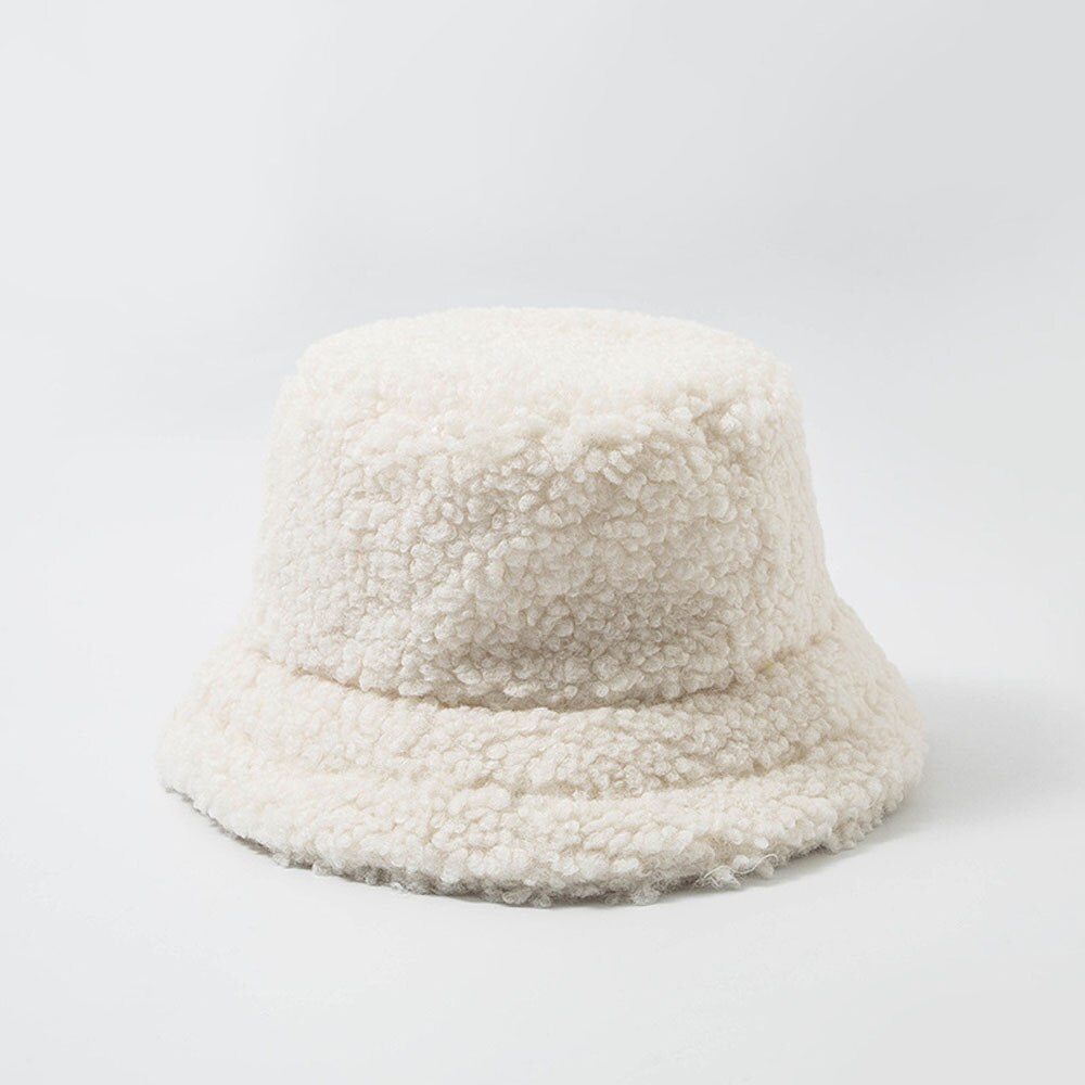 2022 Unisex Bucket Hat Graffiti Solid Women Men Fishing Fisherman Hat Autumn Winter Lamb Wool Outdoor Warm Panama Cap: White